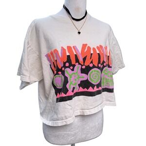VTG 90s Surf OP Ocean Pacific Neon‎ Puff Print Cropped White Shirt Single Stitch